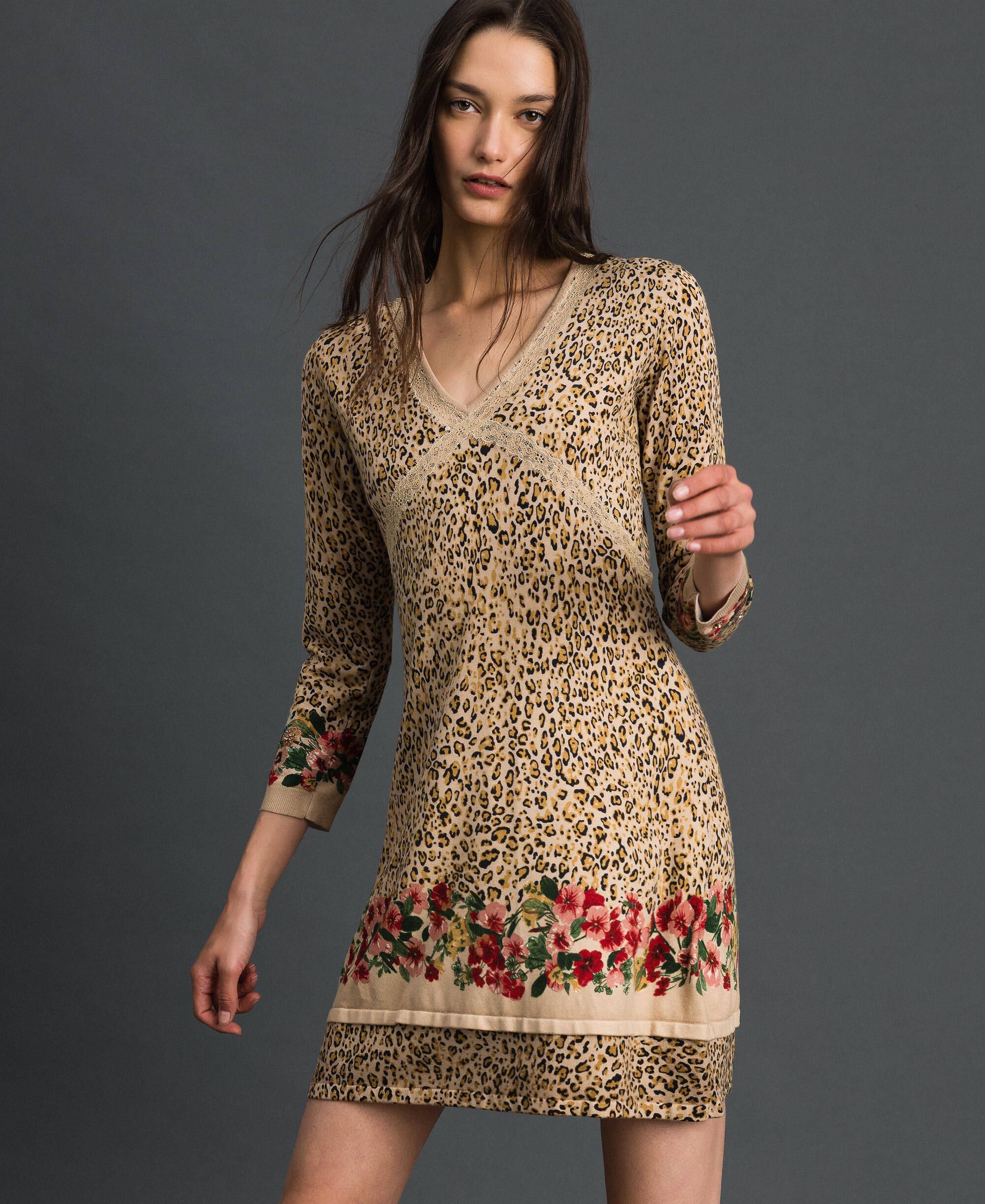 Knit dress with animal and floral print